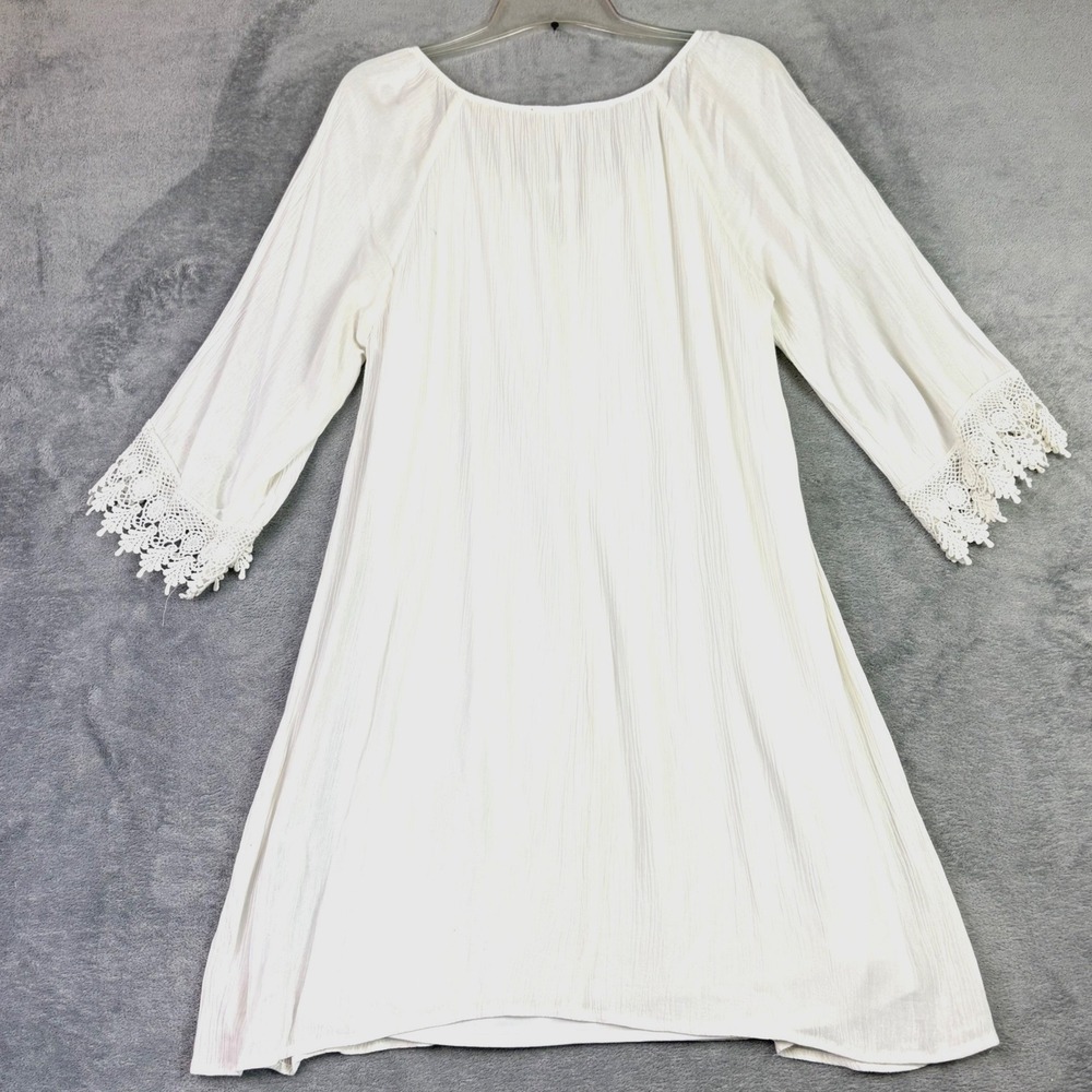 Naif Womens L White Tunic Dress Crochet Lace V-Neck Boho Crinkle Gauze Cottage - Picture 3 of 10